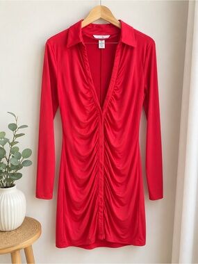 Hot Pink Ruched Front Long Sleeve Dress
